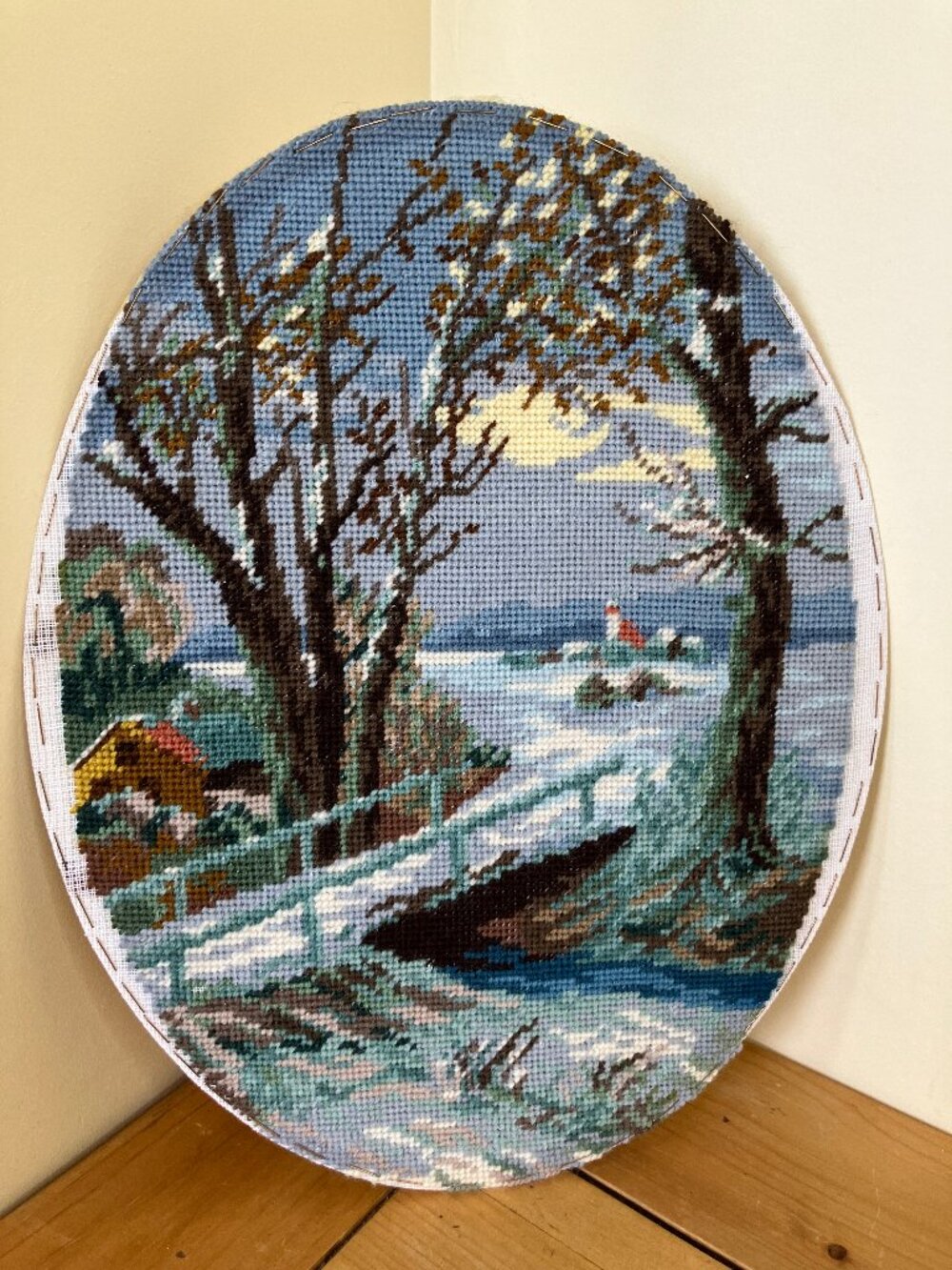 Winter Countryside Bridge Completed Needlepoint Hand Embroidery Vintage Oval
